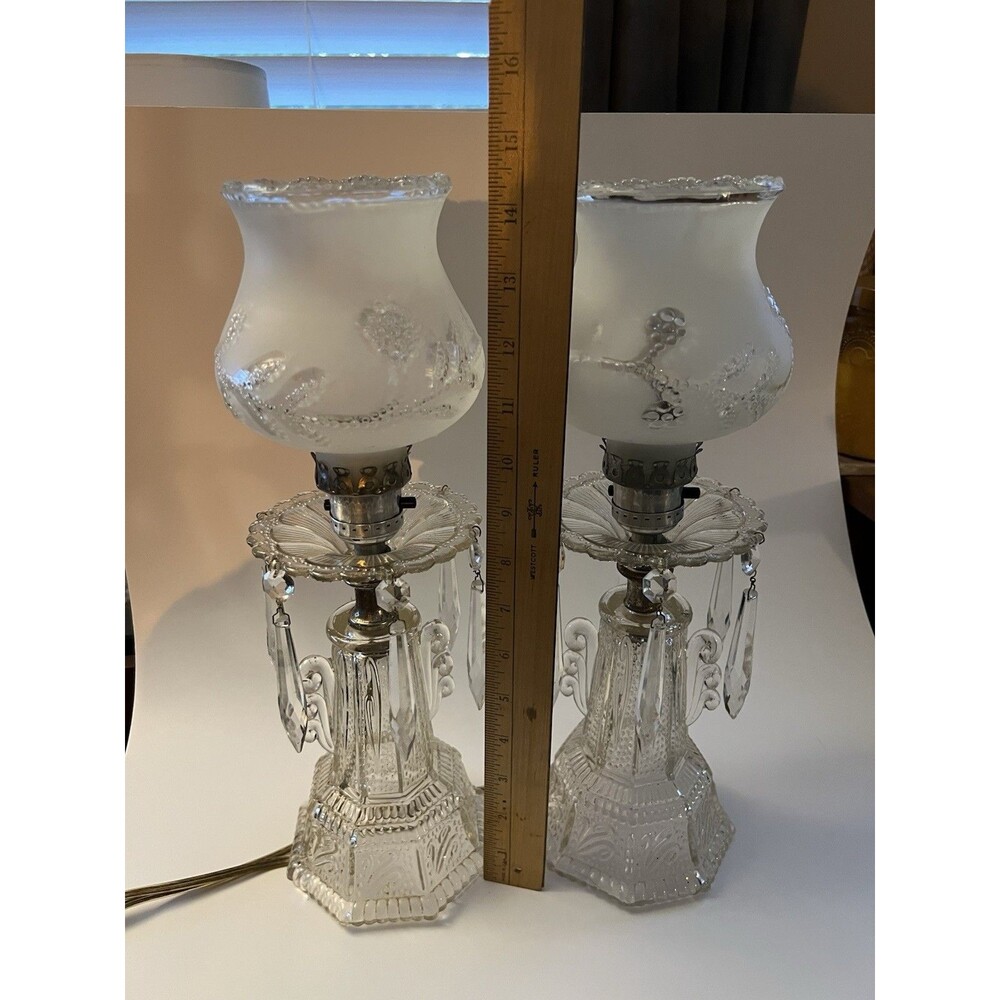 Antique Crystal Boudoir Glass Lamps w/Chandelier Prisms Etched Glass 1930s - Picture 4 of 7
